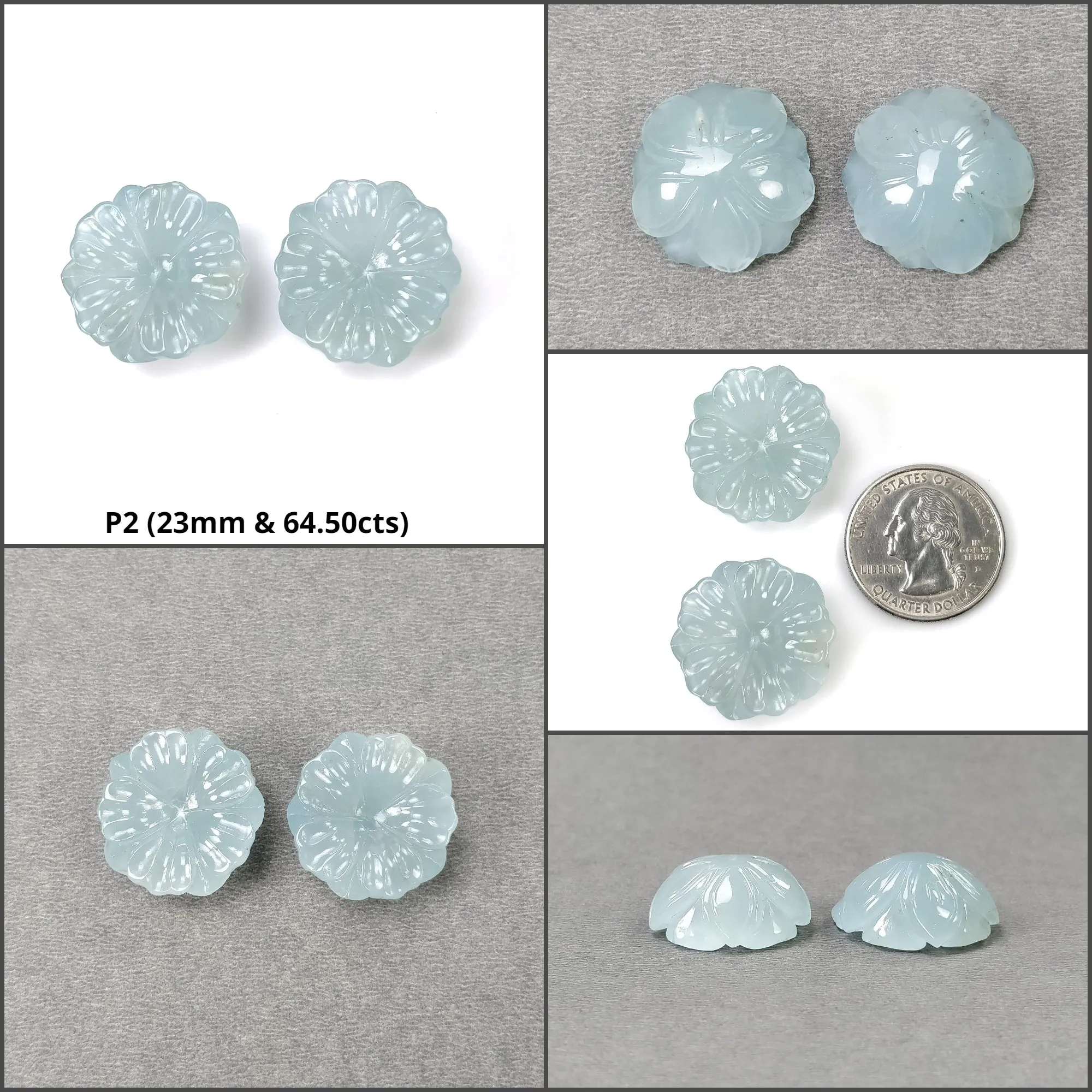 BLUE AQUAMARINE Gemstone Carving : Natural Untreated Milky Aqua Hand Carved Round & Cushion Shape Flower Pairs