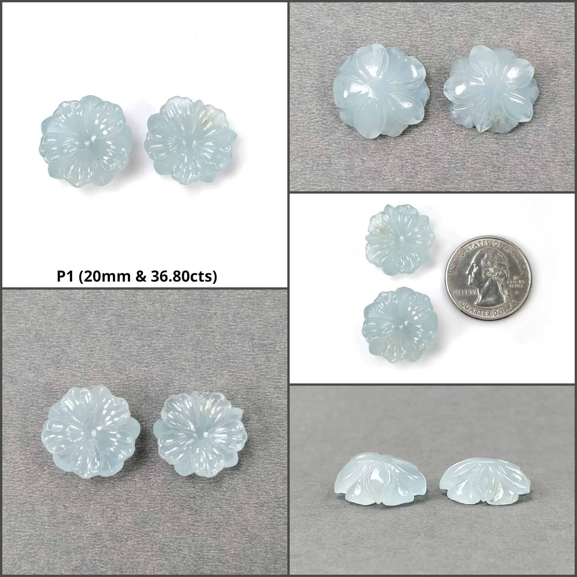 BLUE AQUAMARINE Gemstone Carving : Natural Untreated Milky Aqua Hand Carved Round & Cushion Shape Flower Pairs