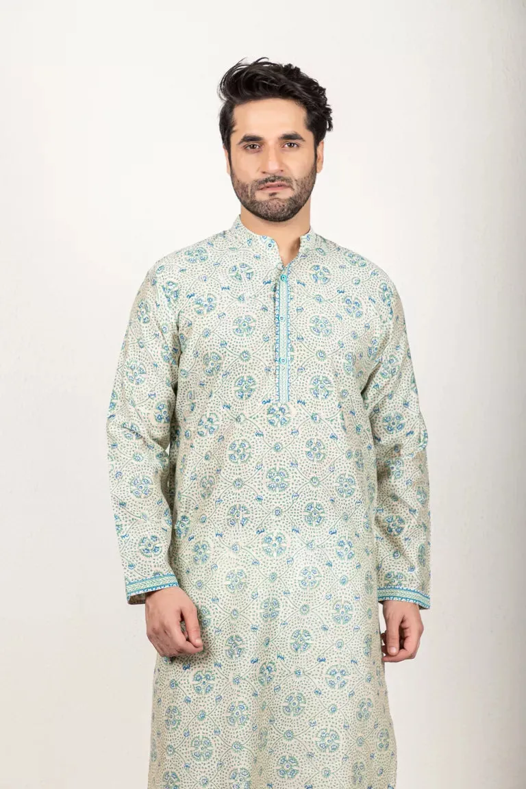 Blue-Printed Chanderi Kurta