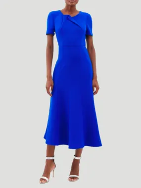 Blue Short Sleeve Wool Crepe Midi Dress