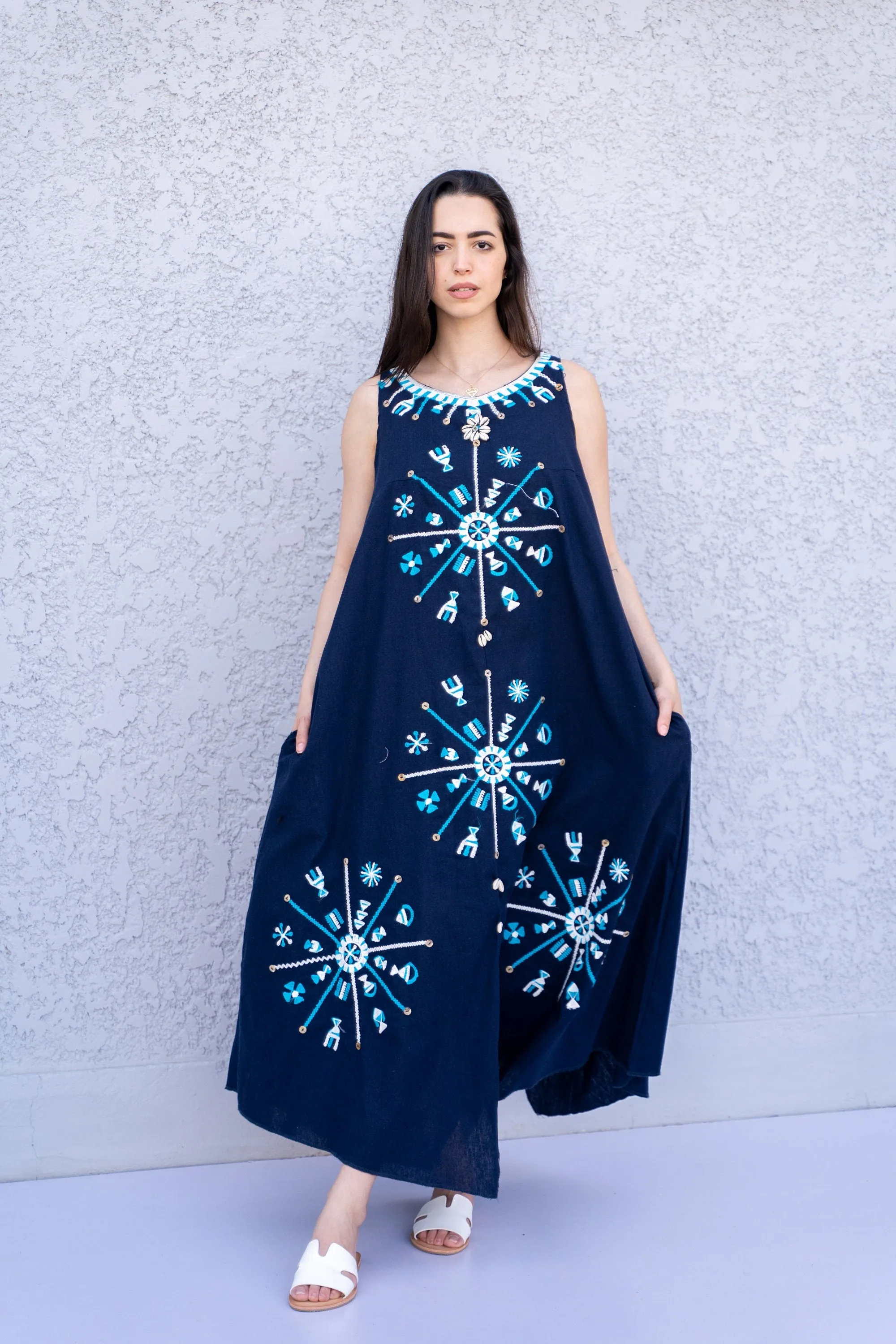 Bohemian Siwa Navy blue linen caftan, embroidered kaftan dress, boho caftan, Summer Kaftan, Linen Caftans for women, caftans for women