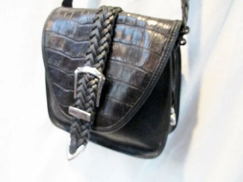 BRIGHTON Leather Croc Signature Shoulder Bag Crossbody Purse BLACK HEART M