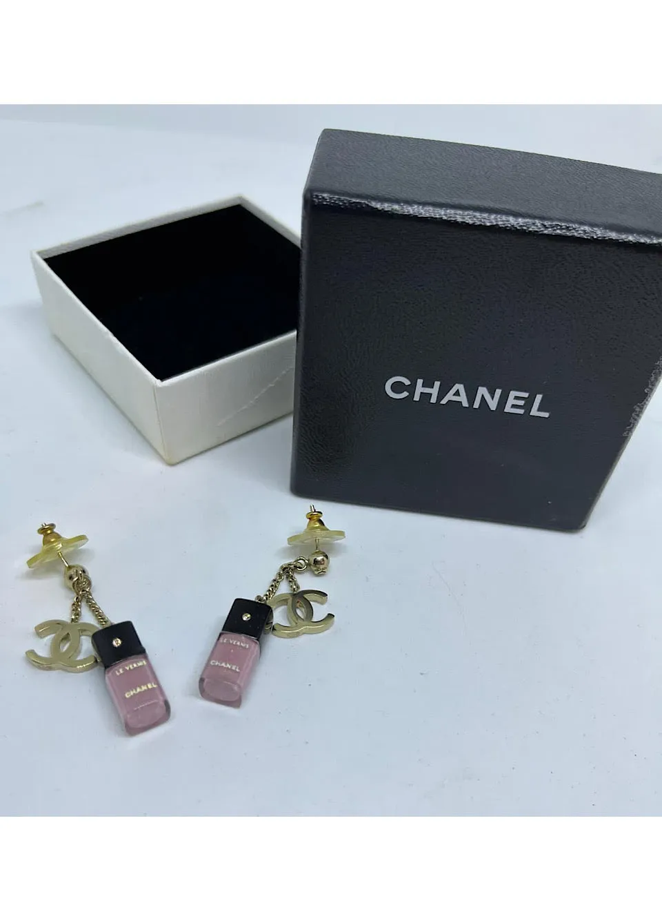 Chanel 08A 2008 Fall Pink Gold Miniature Nail Polish Dangle Pierced Earrings