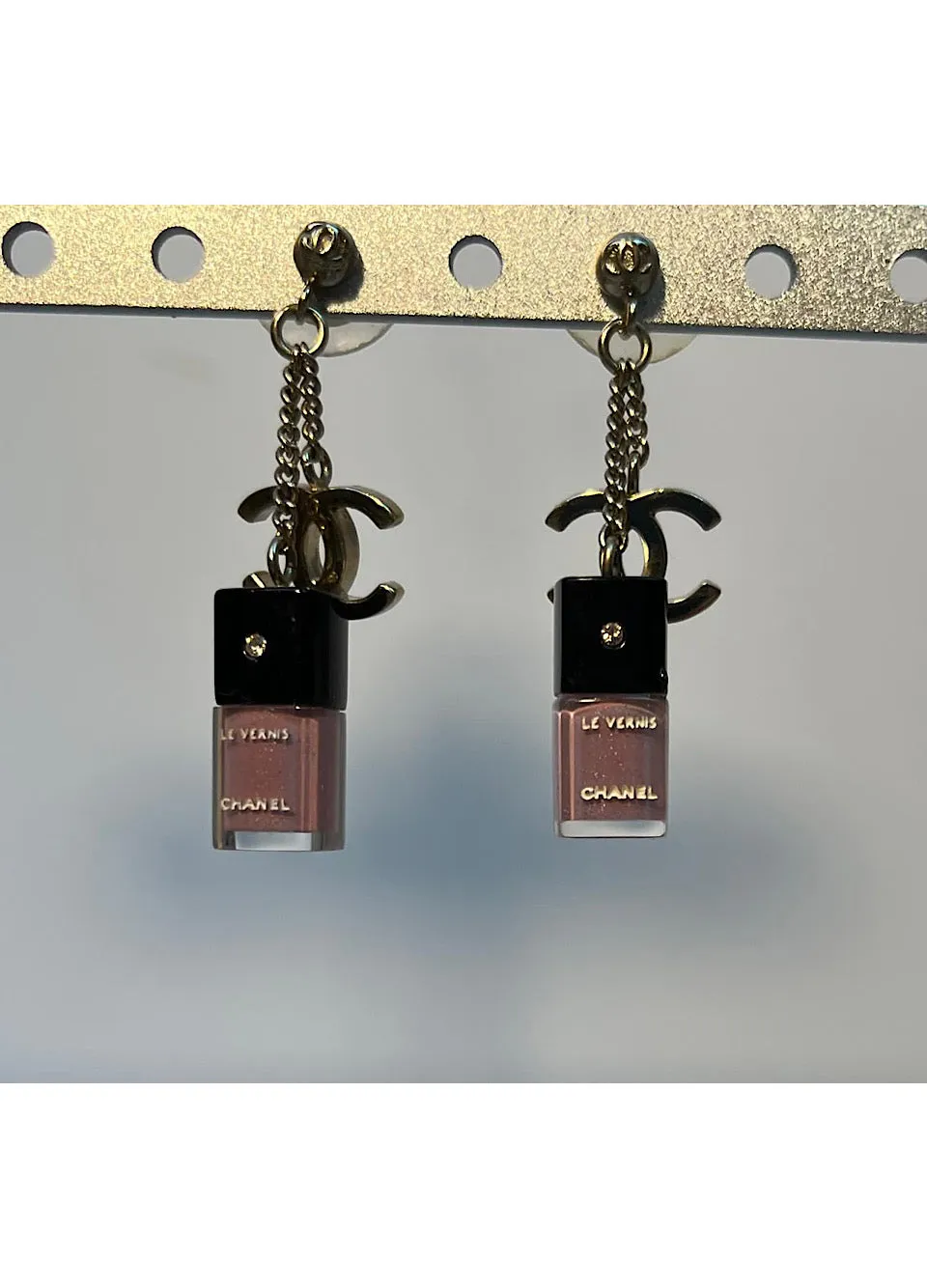 Chanel 08A 2008 Fall Pink Gold Miniature Nail Polish Dangle Pierced Earrings