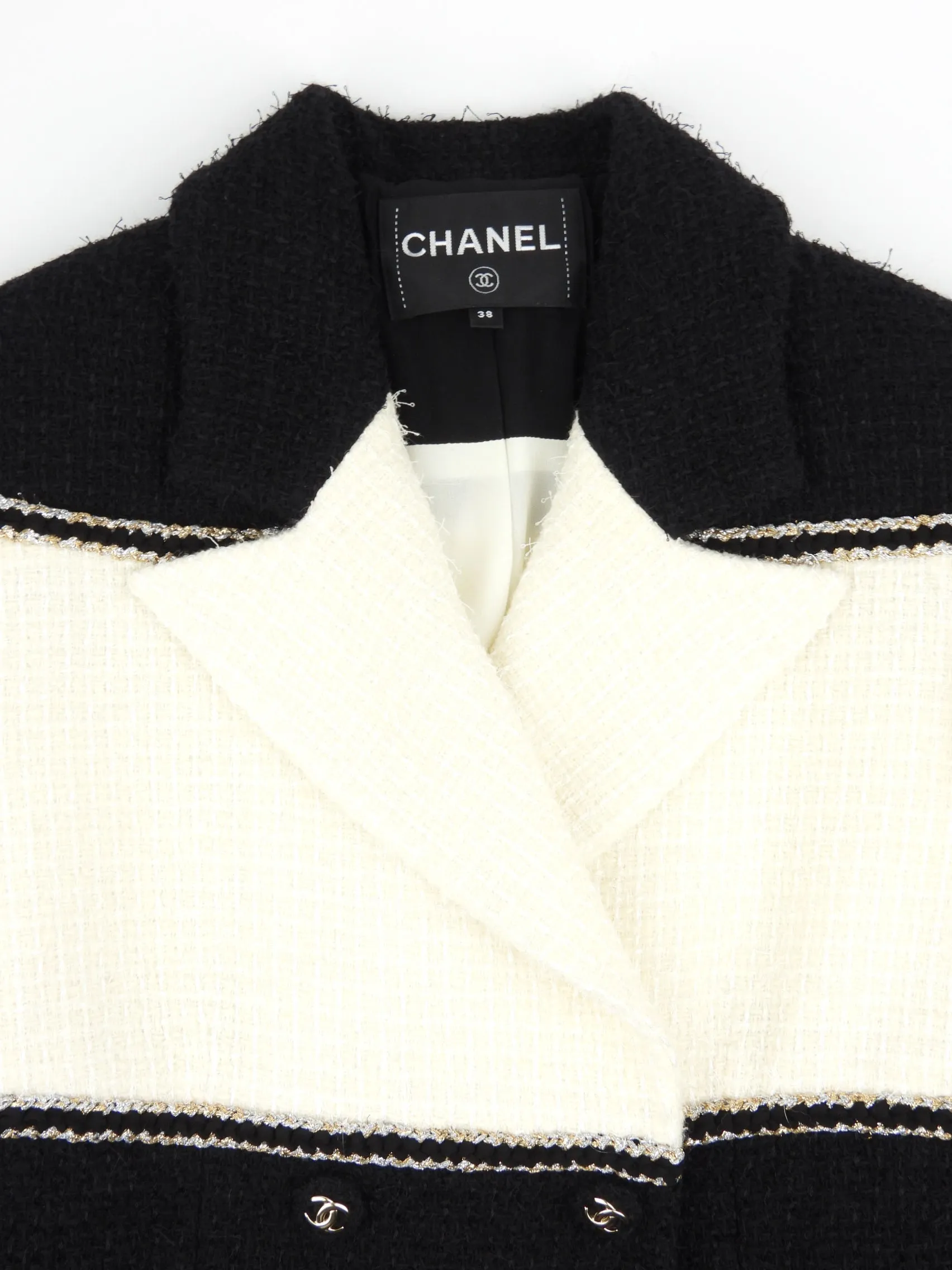 Chanel 20A Black, Cream and Gold Wool Tweed Double Breasted Jacket and Skirt Suit Set - FR38