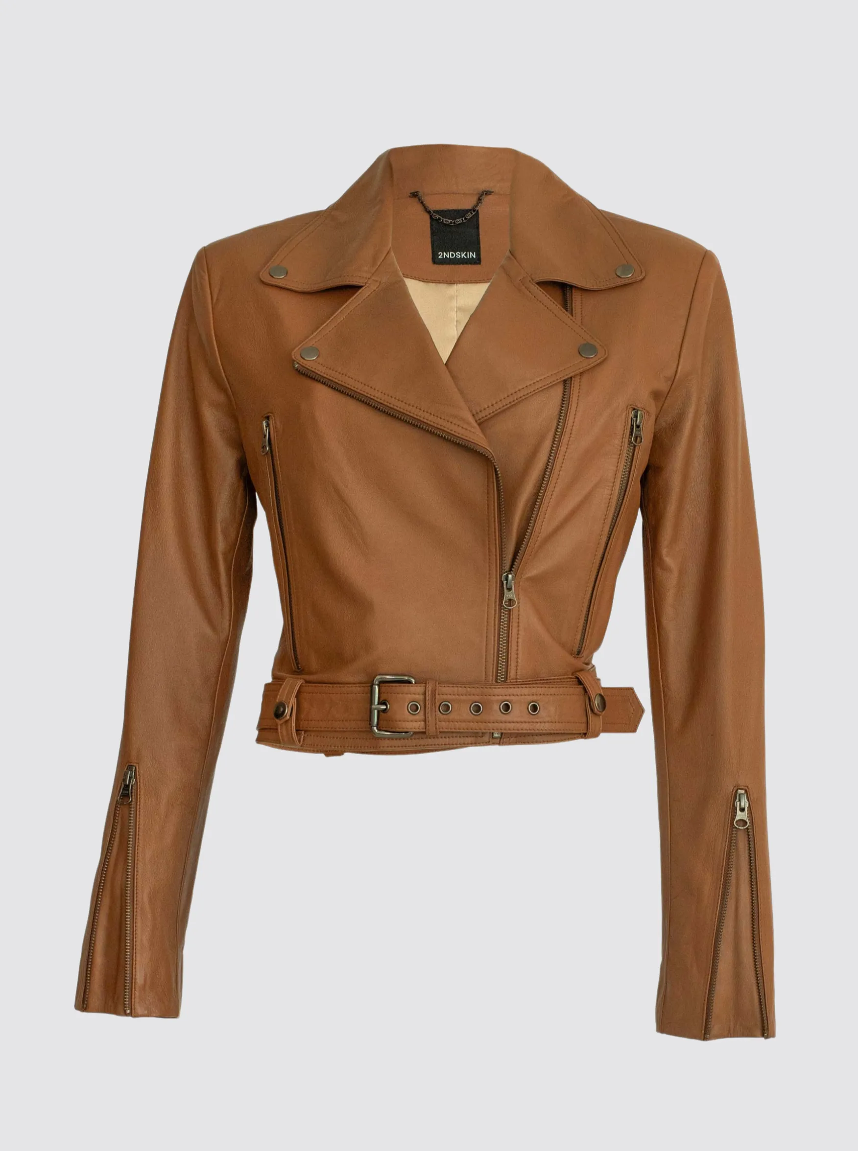 DARCY LEATHER BIKER JACKET - CARAMEL