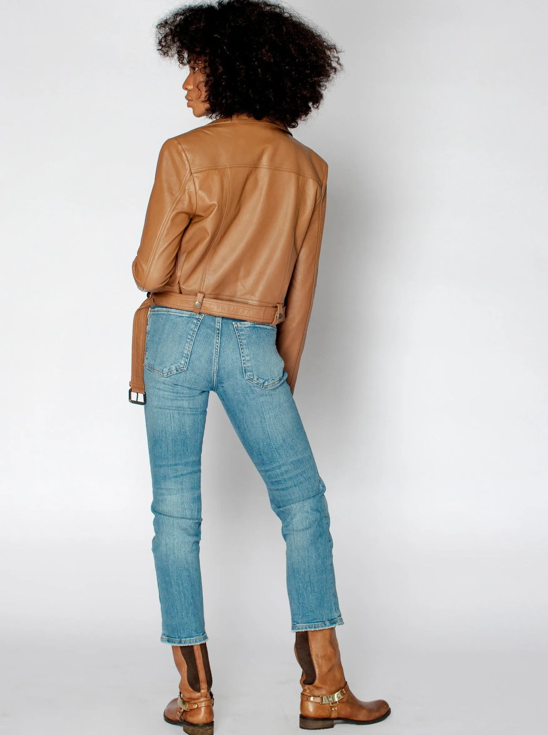 DARCY LEATHER BIKER JACKET - CARAMEL