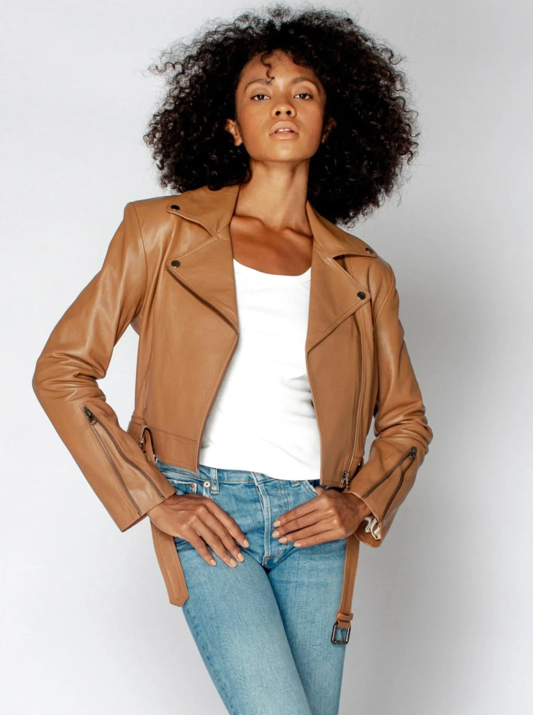 DARCY LEATHER BIKER JACKET - CARAMEL