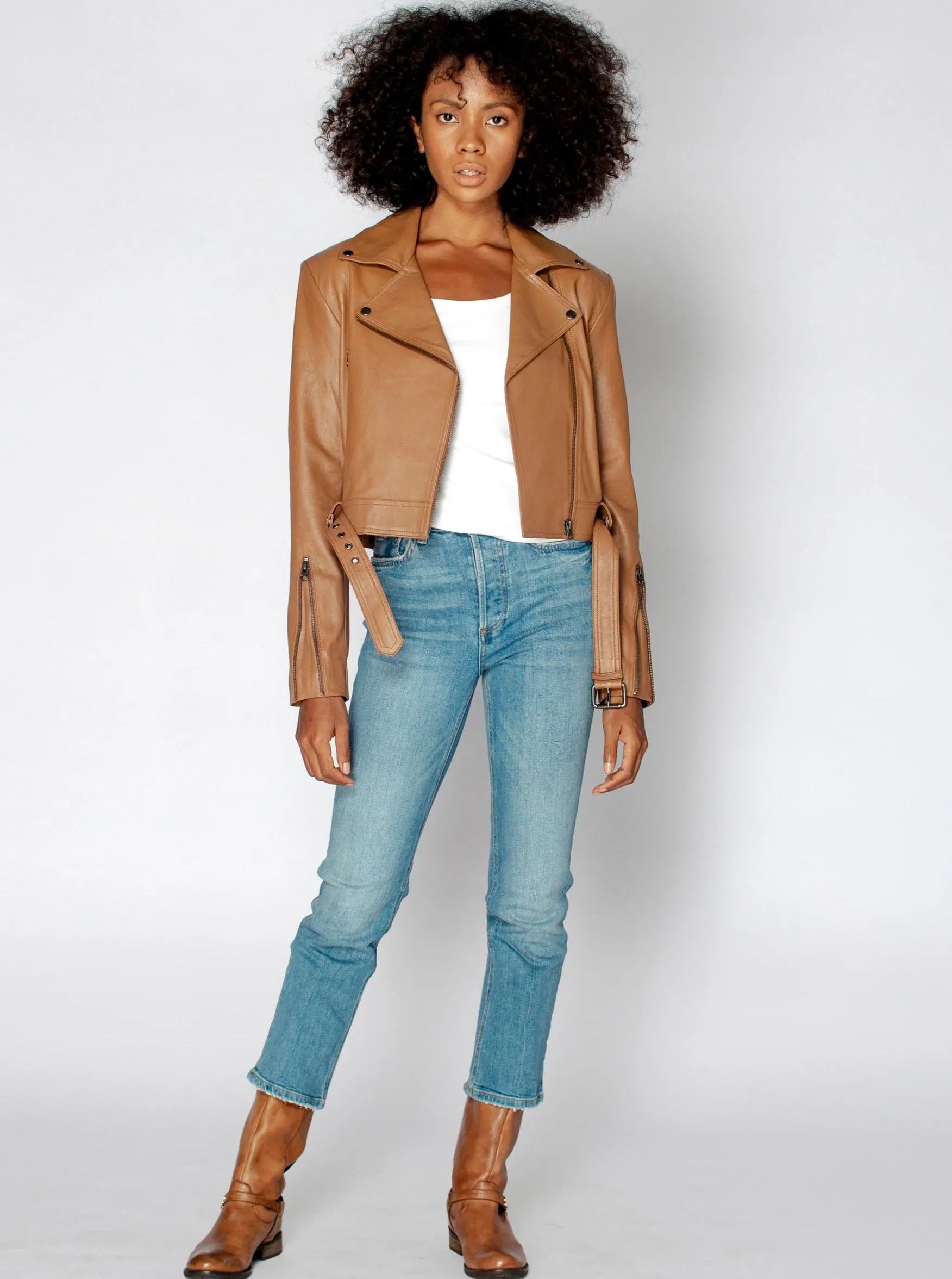 DARCY LEATHER BIKER JACKET - CARAMEL