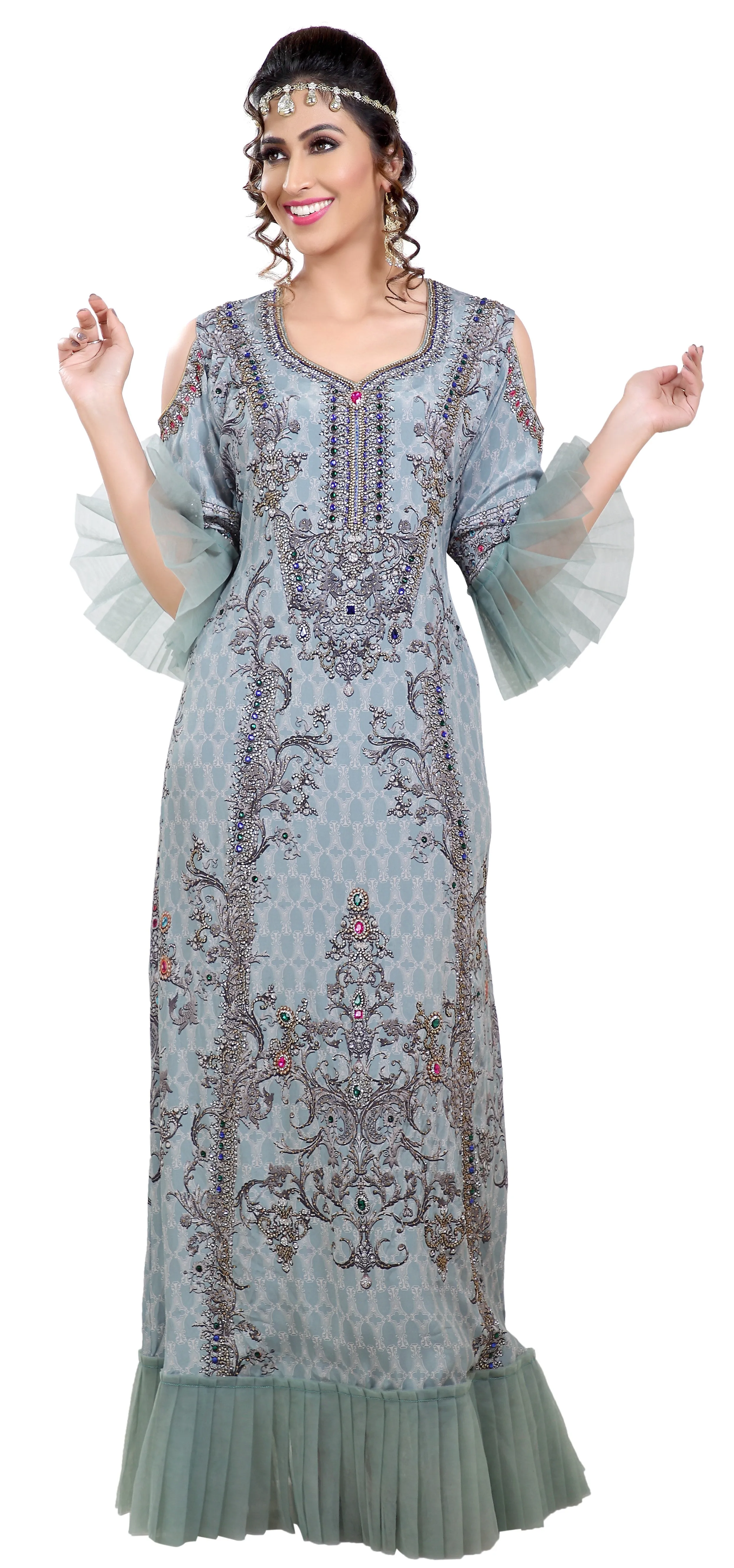 Digital Printed Party Gown With Cold Shoulder Sleeves