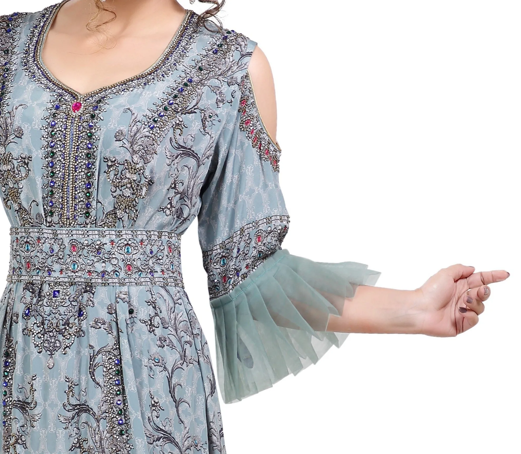 Digital Printed Party Gown With Cold Shoulder Sleeves