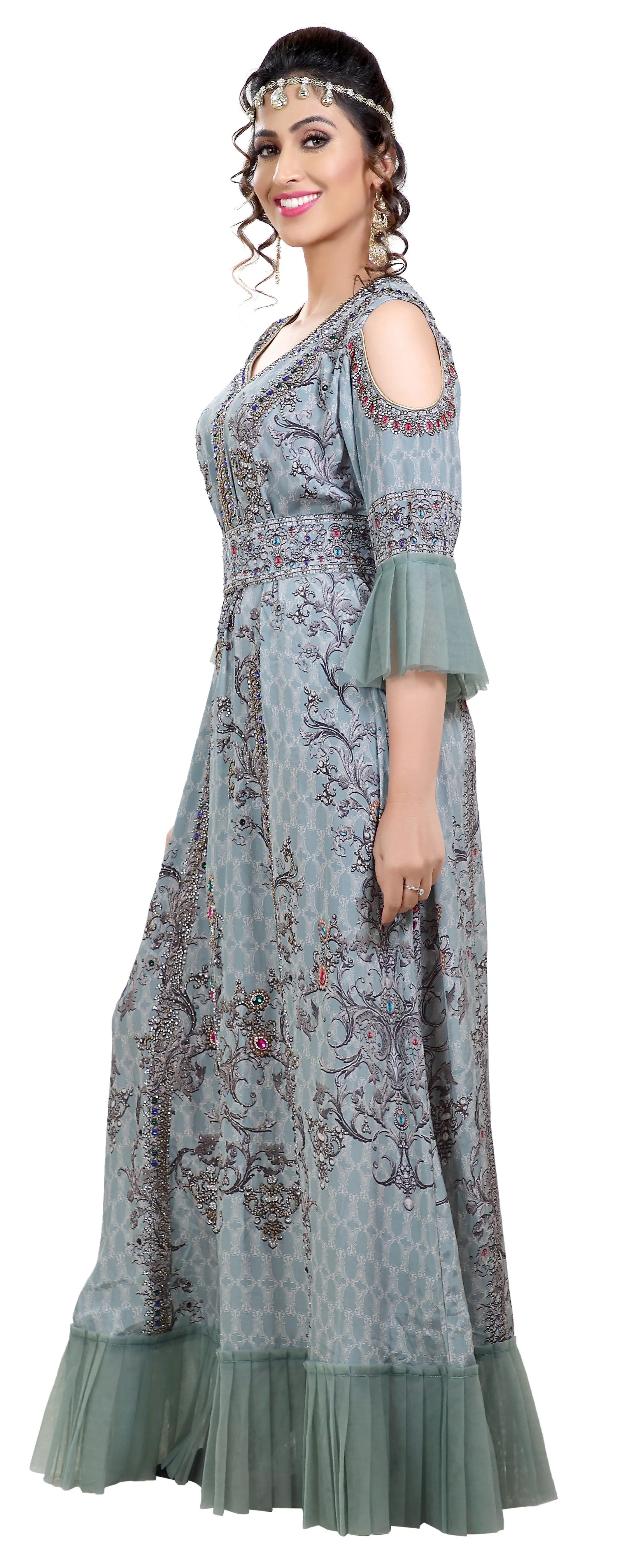 Digital Printed Party Gown With Cold Shoulder Sleeves