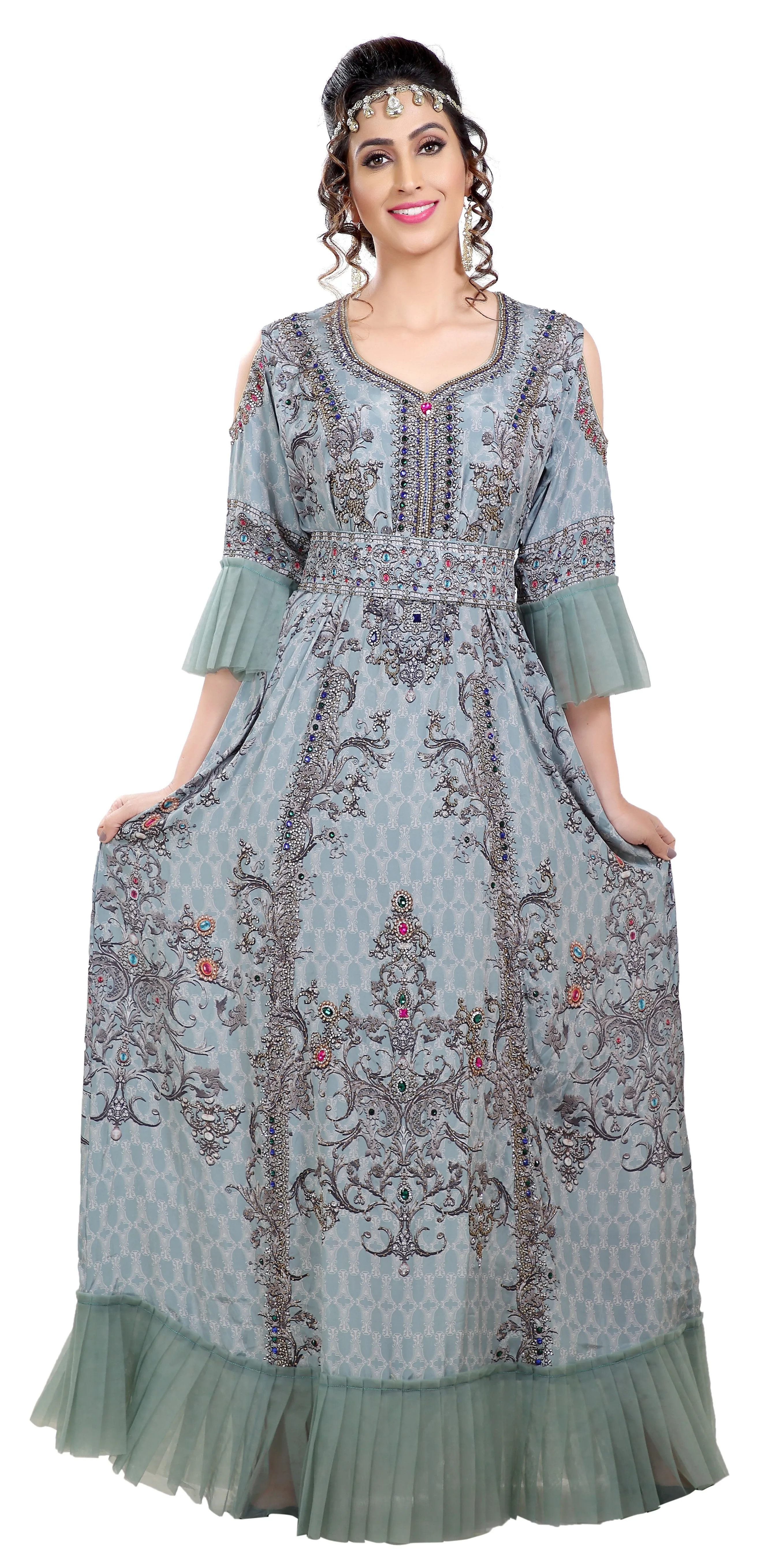 Digital Printed Party Gown With Cold Shoulder Sleeves