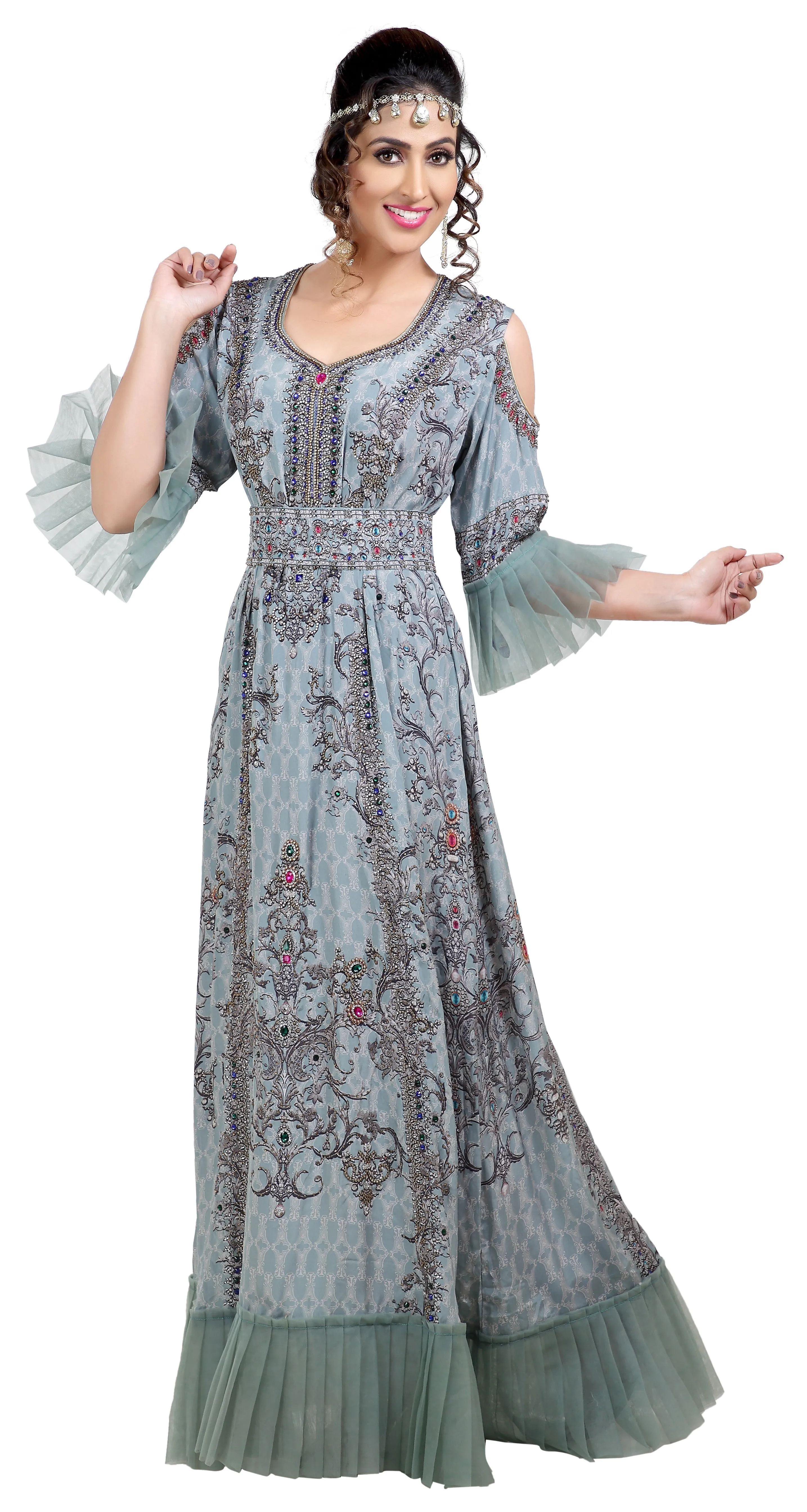 Digital Printed Party Gown With Cold Shoulder Sleeves