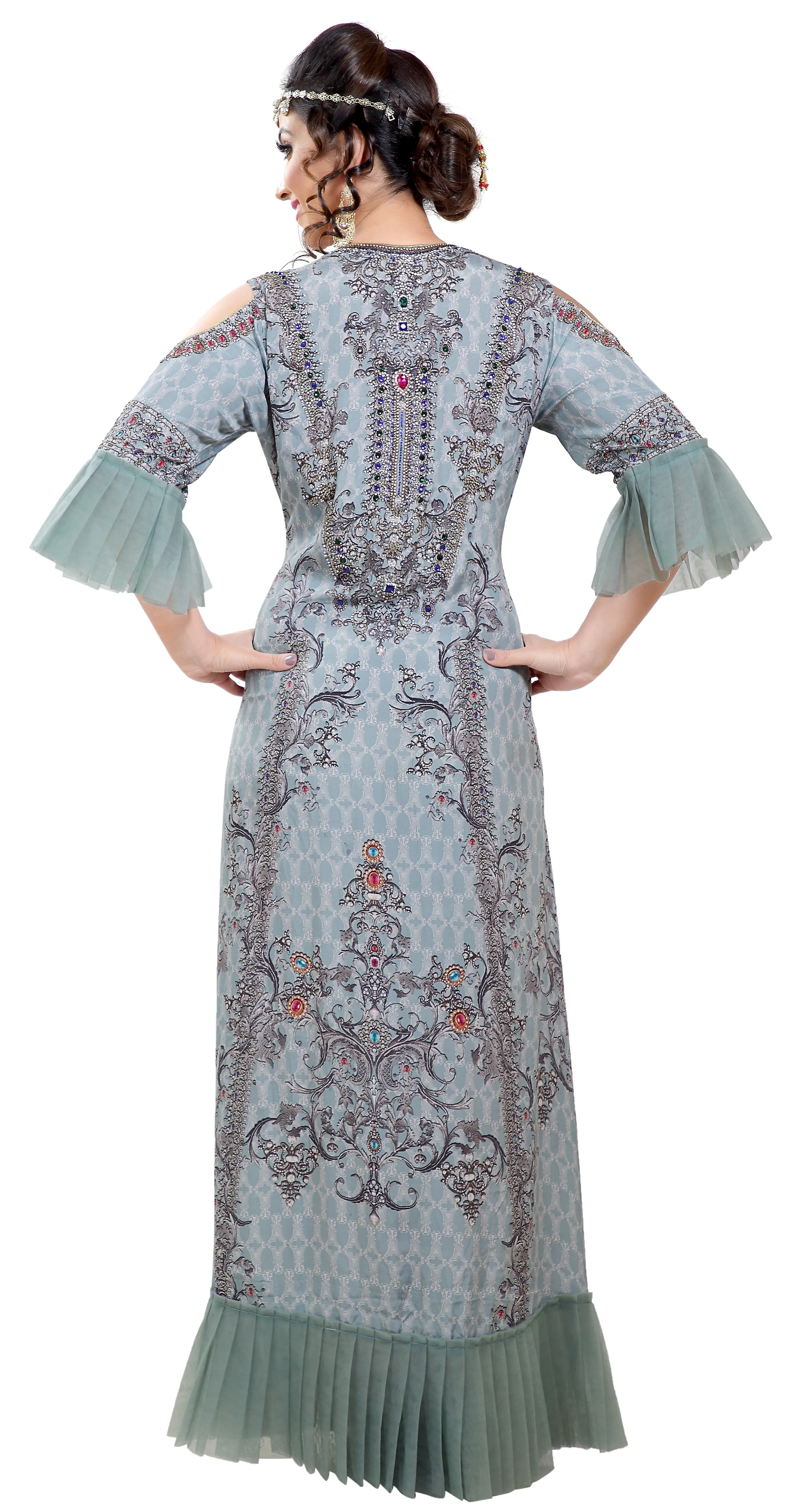 Digital Printed Party Gown With Cold Shoulder Sleeves