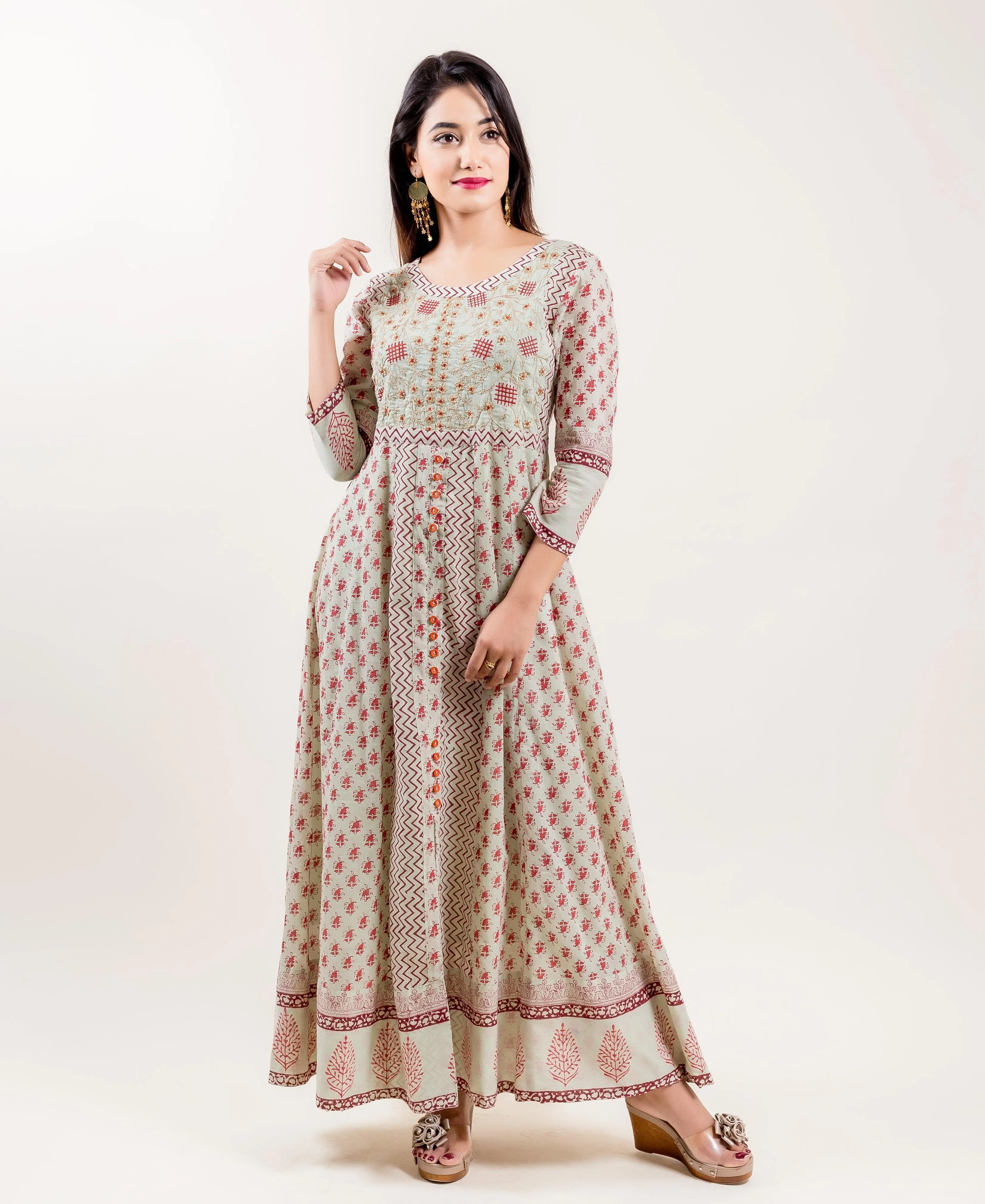 Embroidered & Printed Voile Long Anarkali Dress