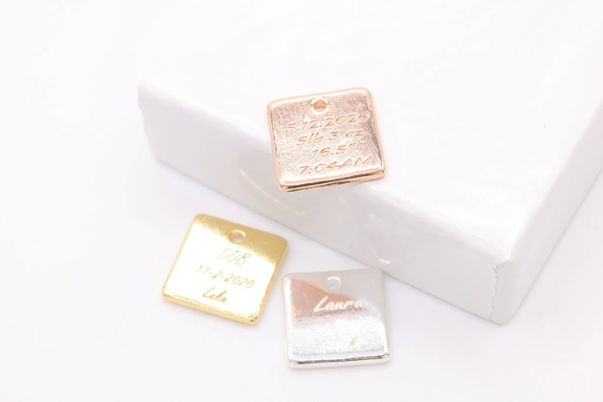 Engraved Square Charm, 925 Sterling Silver, Gold-Plated, Charm for Jewelry Making