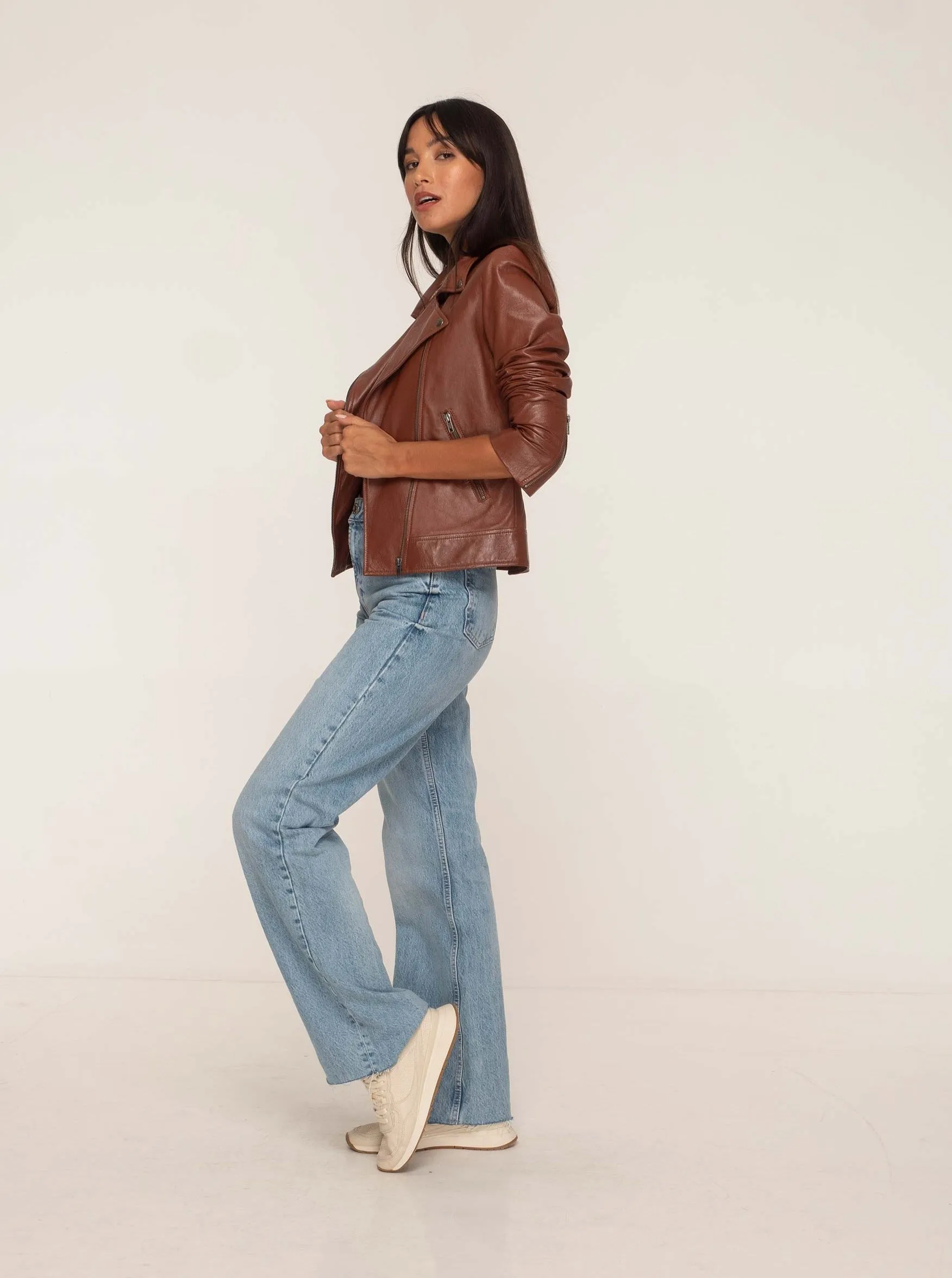 FINLEY LEATHER BIKER JACKET - WHISKEY