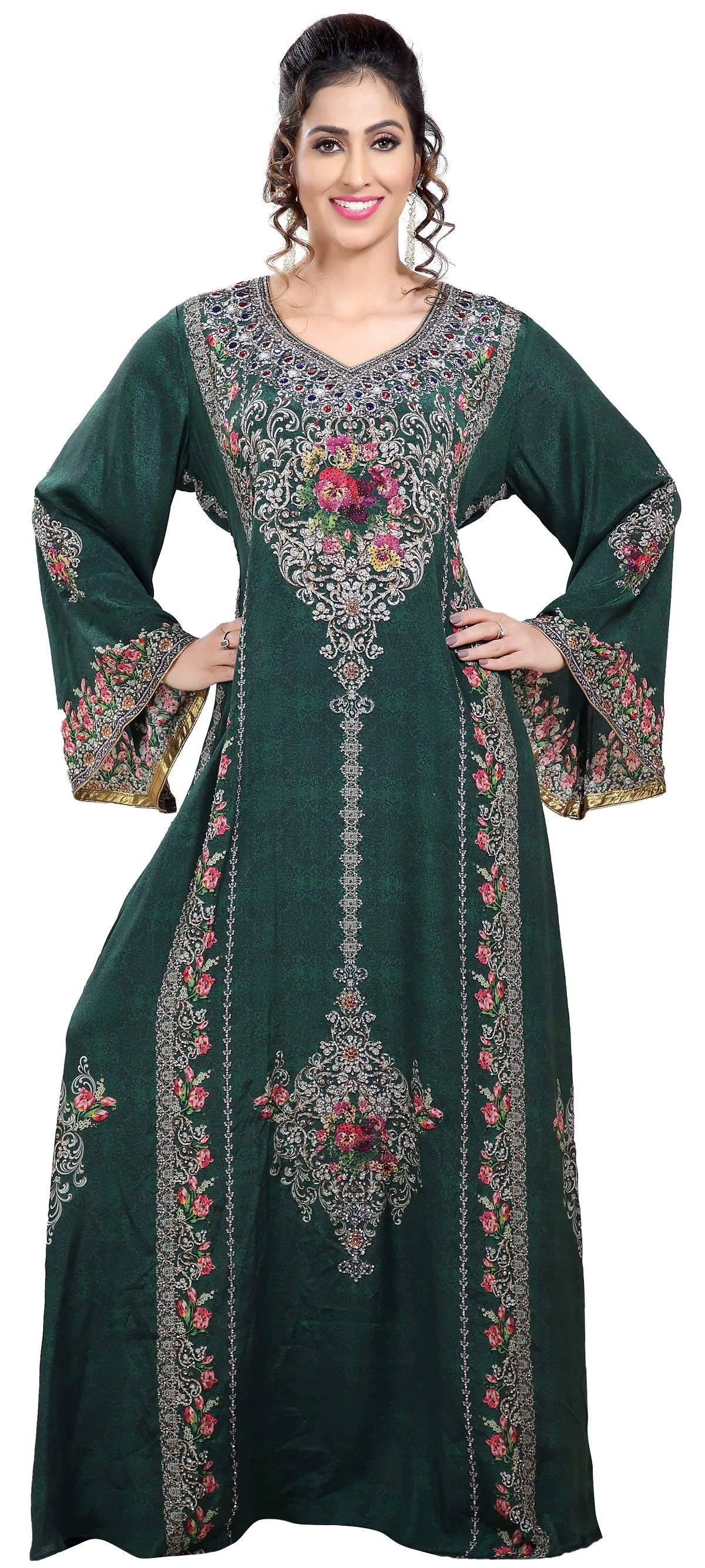 Floral Printed Fabric Kaftan with Embroidered Belt