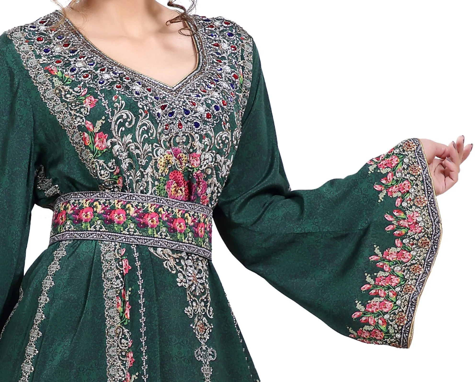 Floral Printed Fabric Kaftan with Embroidered Belt