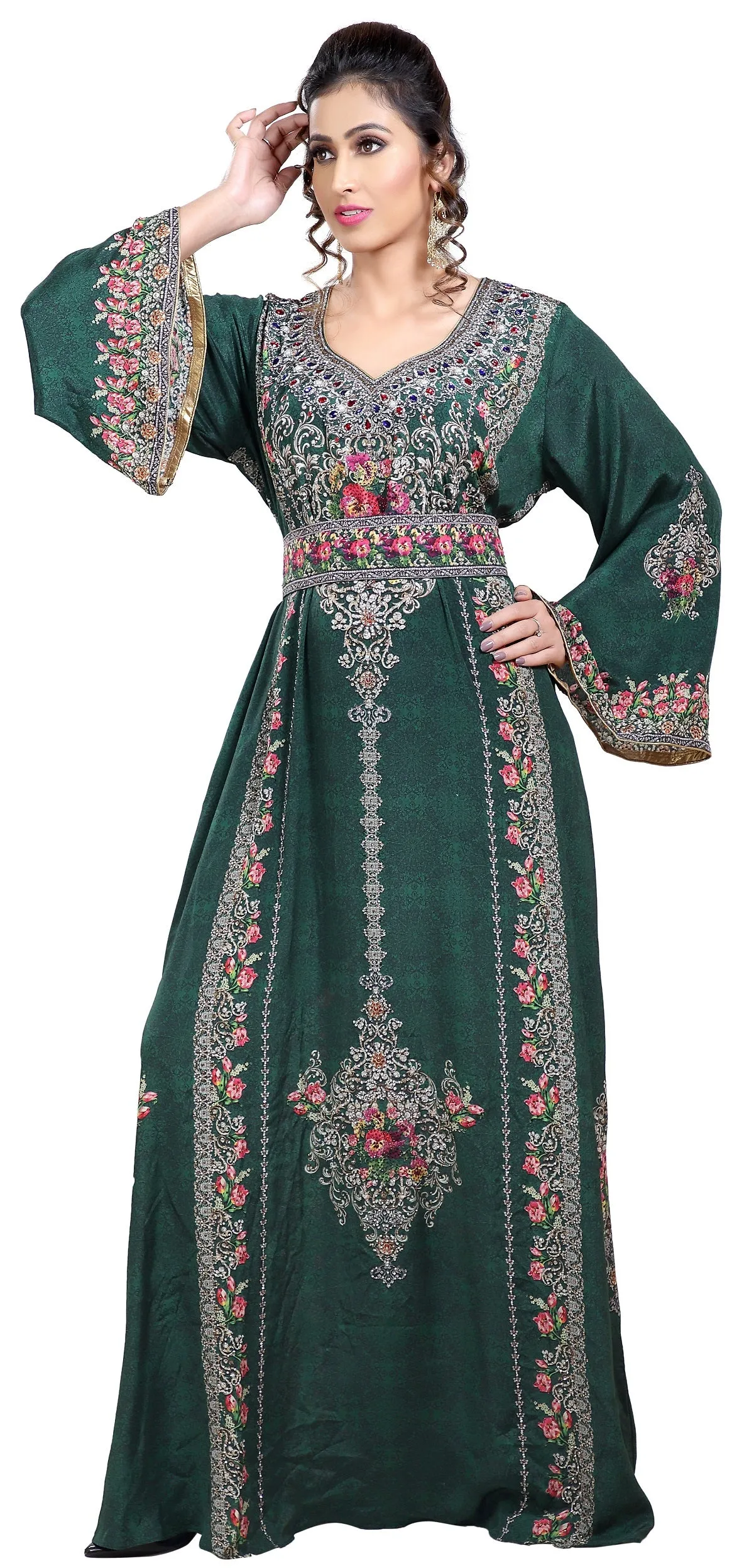 Floral Printed Fabric Kaftan with Embroidered Belt