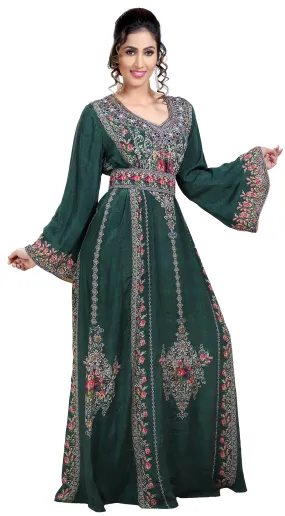 Floral Printed Fabric Kaftan with Embroidered Belt