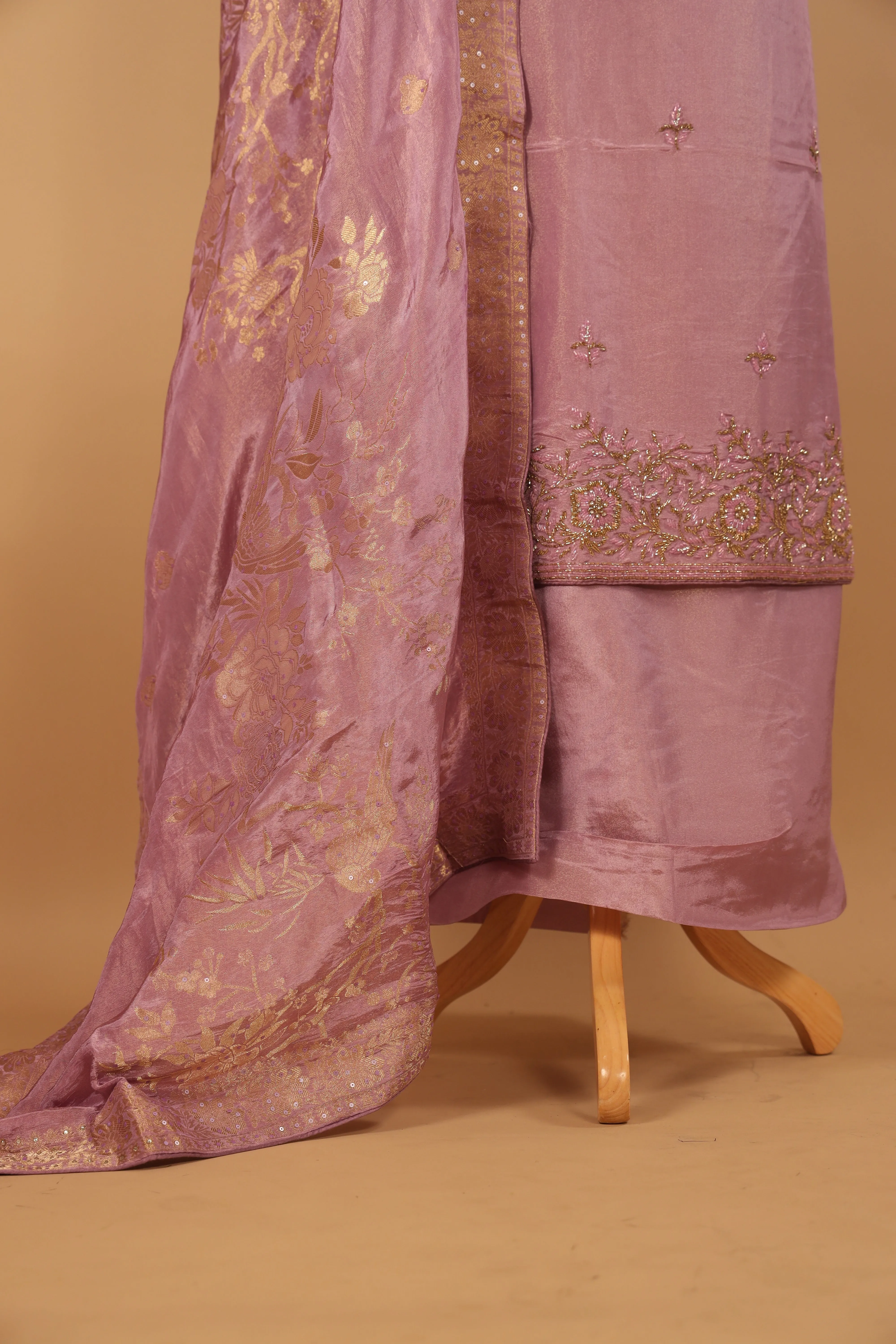 Hand embroidered Lilac tissue georgette suit with banarasi dupatta