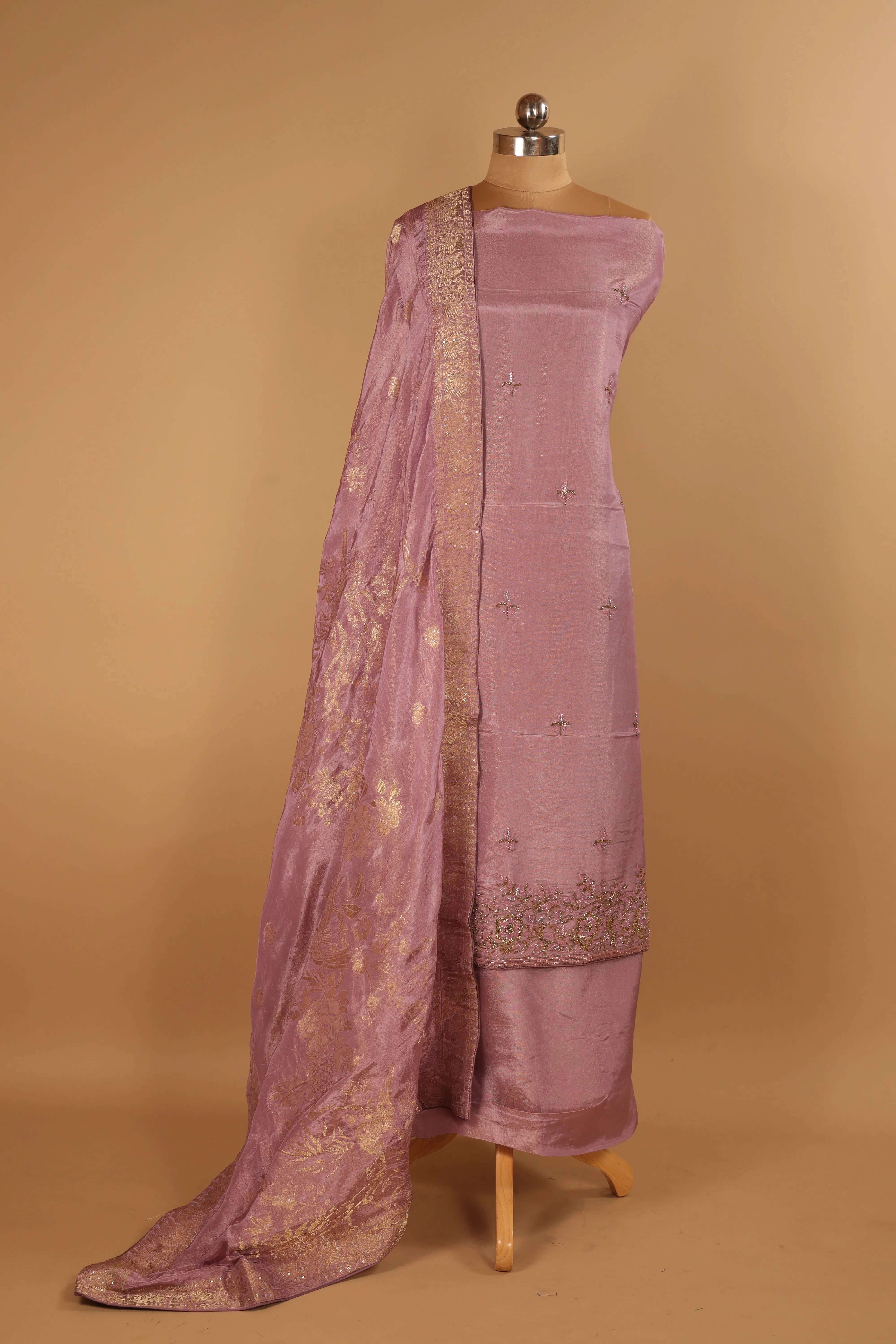 Hand embroidered Lilac tissue georgette suit with banarasi dupatta