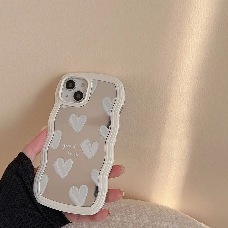 Korean White Heart Makeup Mirror Cute Phone Cases For iPhone 14 Pro Max 13 11 12 14 Plus XS X XR