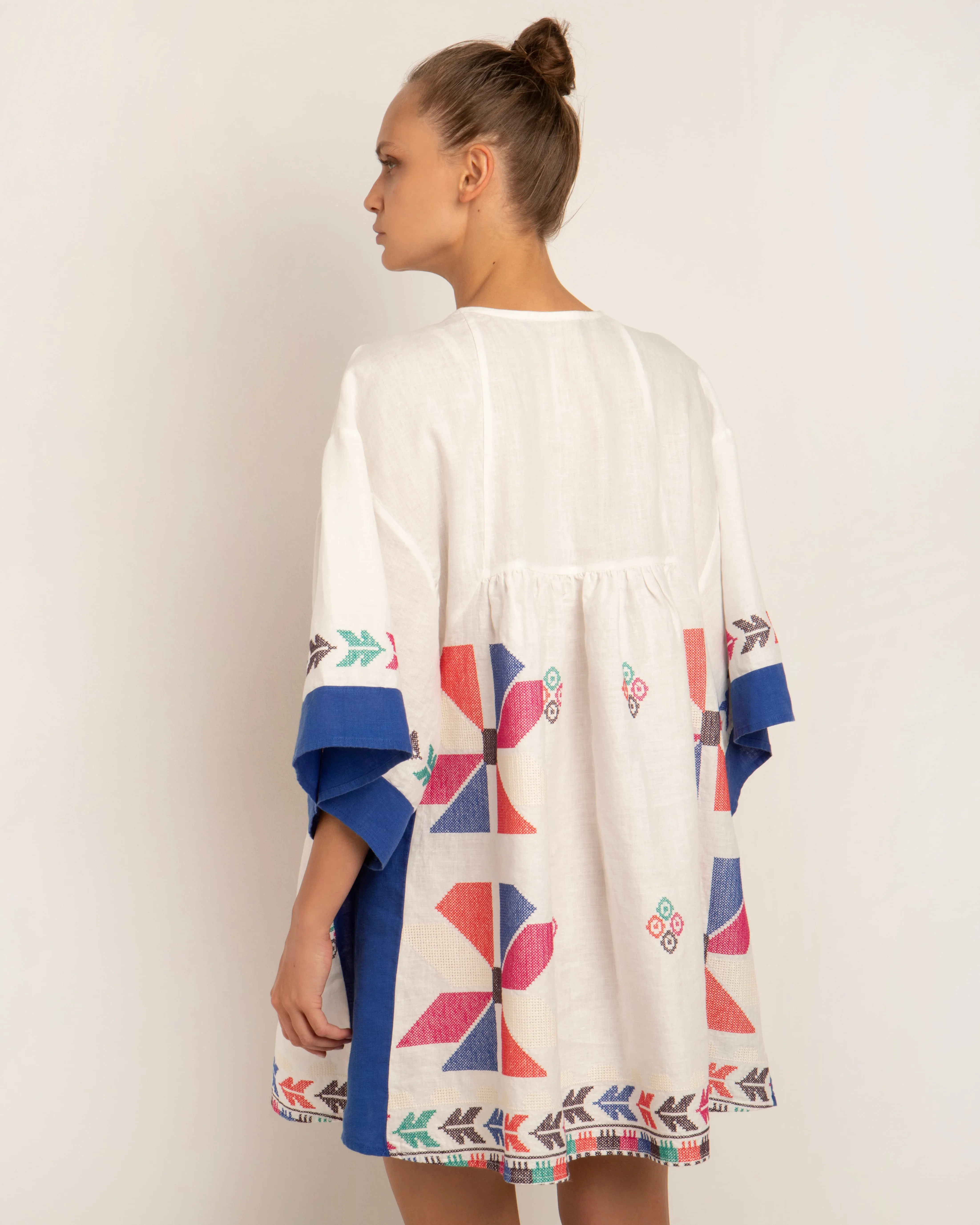 Kori White Embroidered Tunic Dress, multi blue