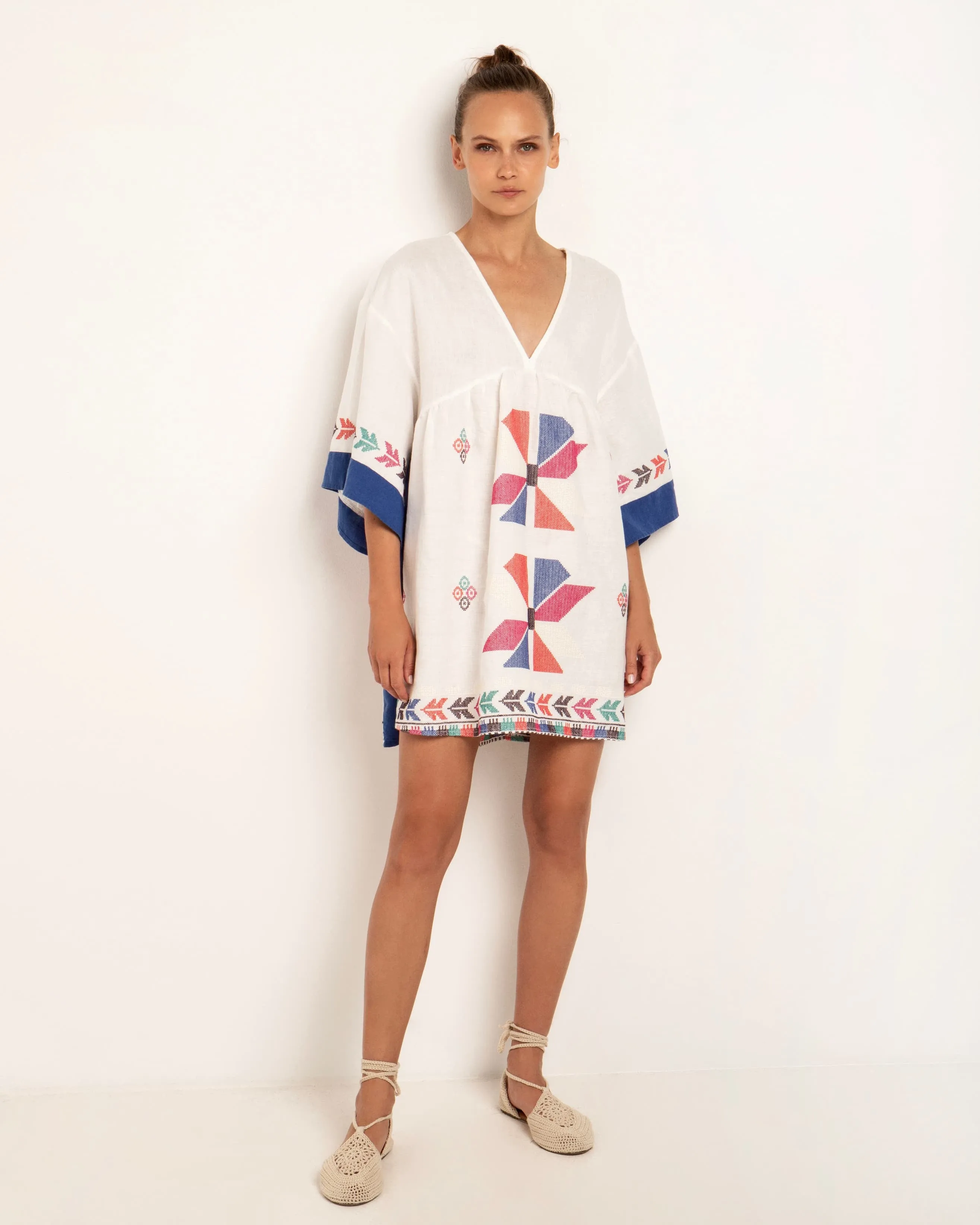 Kori White Embroidered Tunic Dress, multi blue