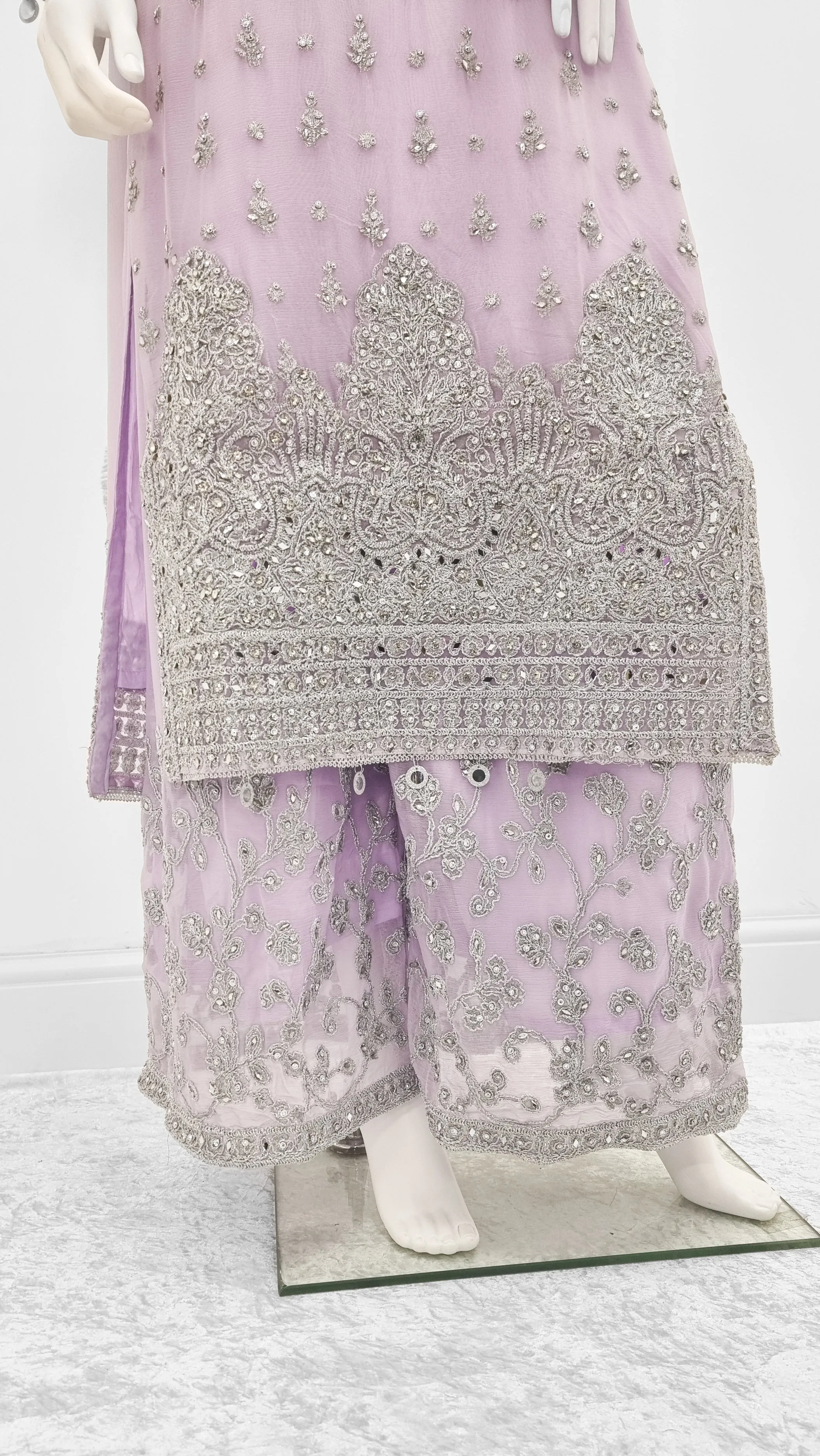 Lilac Embroidered Chiffon Suit with Palazzo & Belt