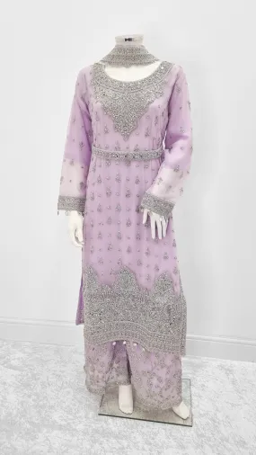 Lilac Embroidered Chiffon Suit with Palazzo & Belt