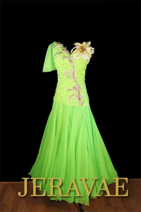 Lime Neon Green Smooth Ballroom Dress with 3D Flower and White Lace and Swarovski Stones Sz M/L (SOLD)