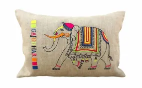 Linen pillow with hand embroidered Indian elephant