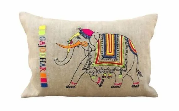 Linen pillow with hand embroidered Indian elephant