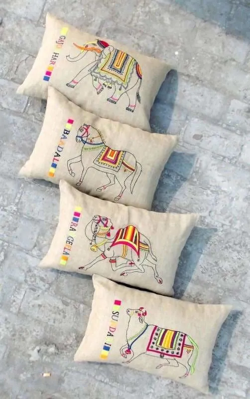 Linen pillow with hand embroidered Indian elephant