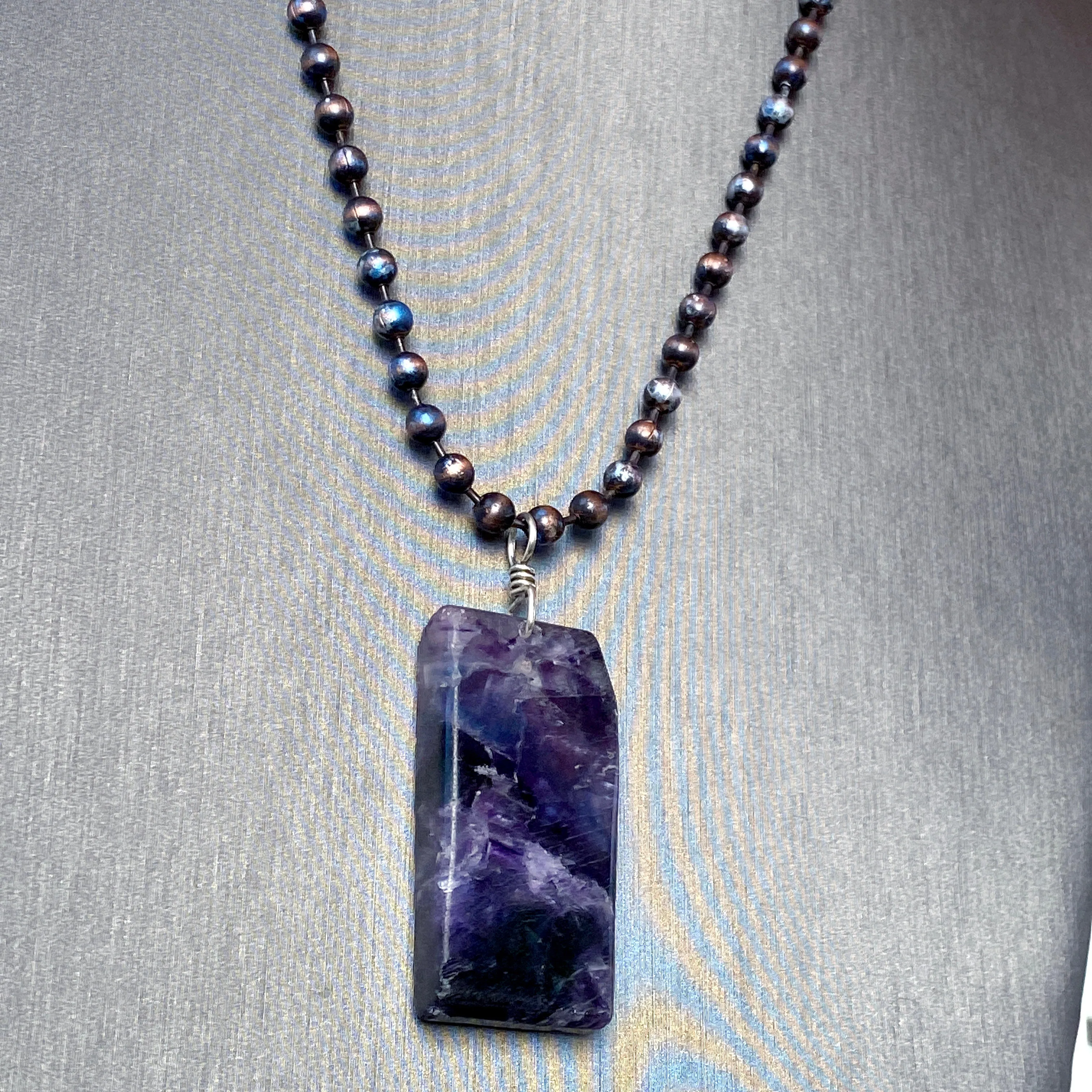 Men’s Fluorite Gemstone Pendant Hand Wrapped w/ Sterling Silver on Patina Copper Chain