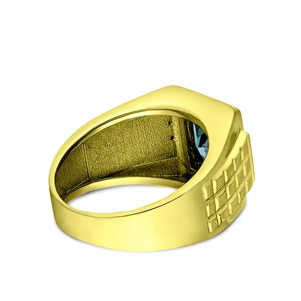 Men's Ring 10k Yellow Gold Comfort Band Aquamarine & Diamonds