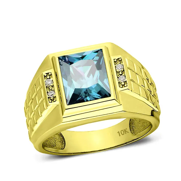 Men's Ring 10k Yellow Gold Comfort Band Aquamarine & Diamonds