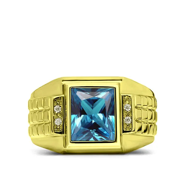 Men's Ring 10k Yellow Gold Comfort Band Aquamarine & Diamonds