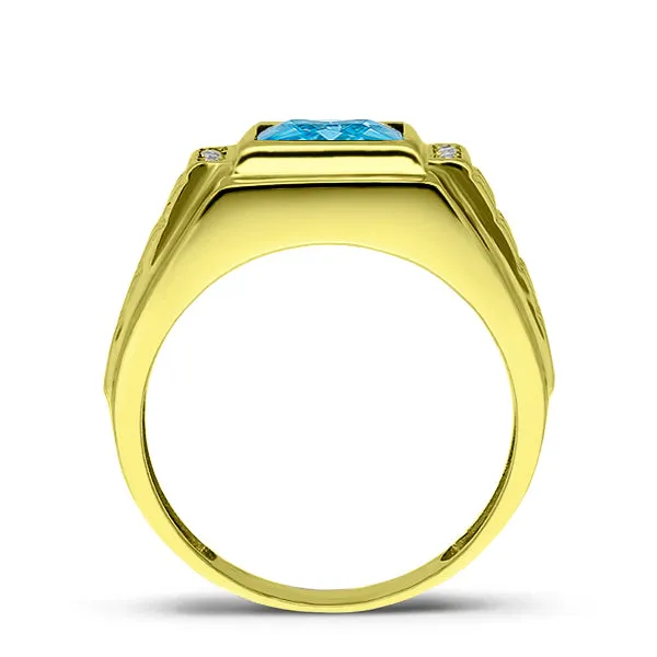 Men's Ring 10k Yellow Gold Comfort Band Aquamarine & Diamonds