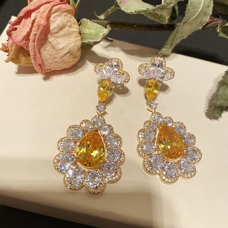 【ODN-E1162】S925 Silver Needle Retro Earrings Women's Tassel Yellow Diamond Water Drop Flower Earrings Luxury Crystal High-end Banquet Earrings