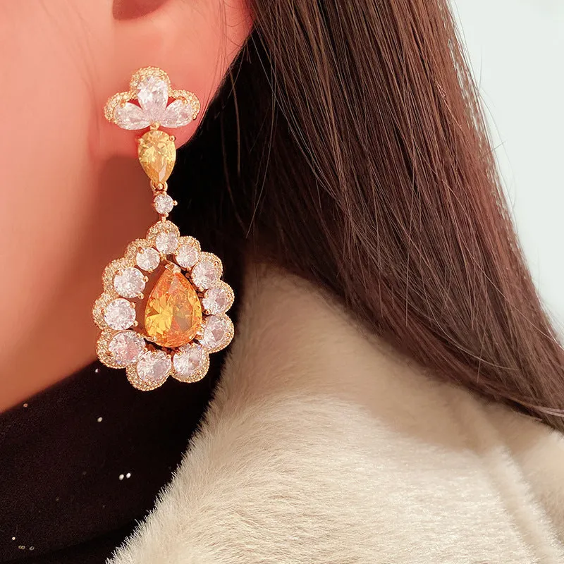 【ODN-E1162】S925 Silver Needle Retro Earrings Women's Tassel Yellow Diamond Water Drop Flower Earrings Luxury Crystal High-end Banquet Earrings