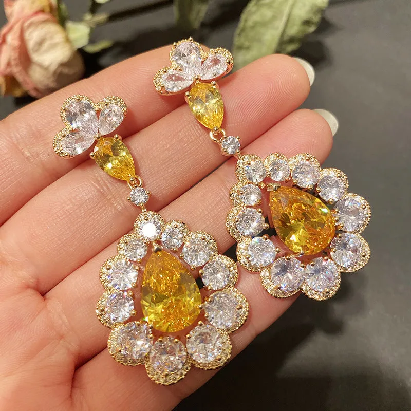 【ODN-E1162】S925 Silver Needle Retro Earrings Women's Tassel Yellow Diamond Water Drop Flower Earrings Luxury Crystal High-end Banquet Earrings