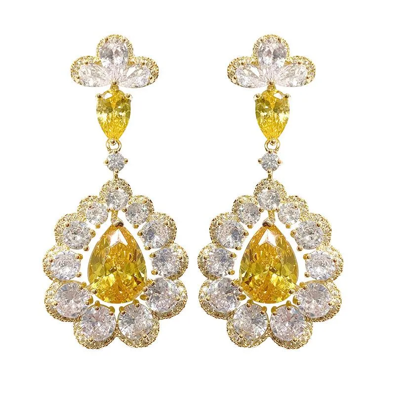 【ODN-E1162】S925 Silver Needle Retro Earrings Women's Tassel Yellow Diamond Water Drop Flower Earrings Luxury Crystal High-end Banquet Earrings