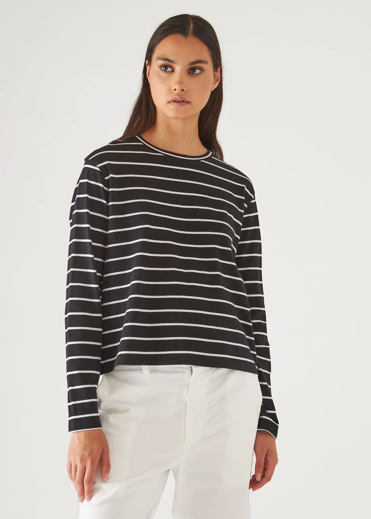 ORGANIC PIMA COTTON STRIPE BOYFRIEND LONG SLEEVE CREW