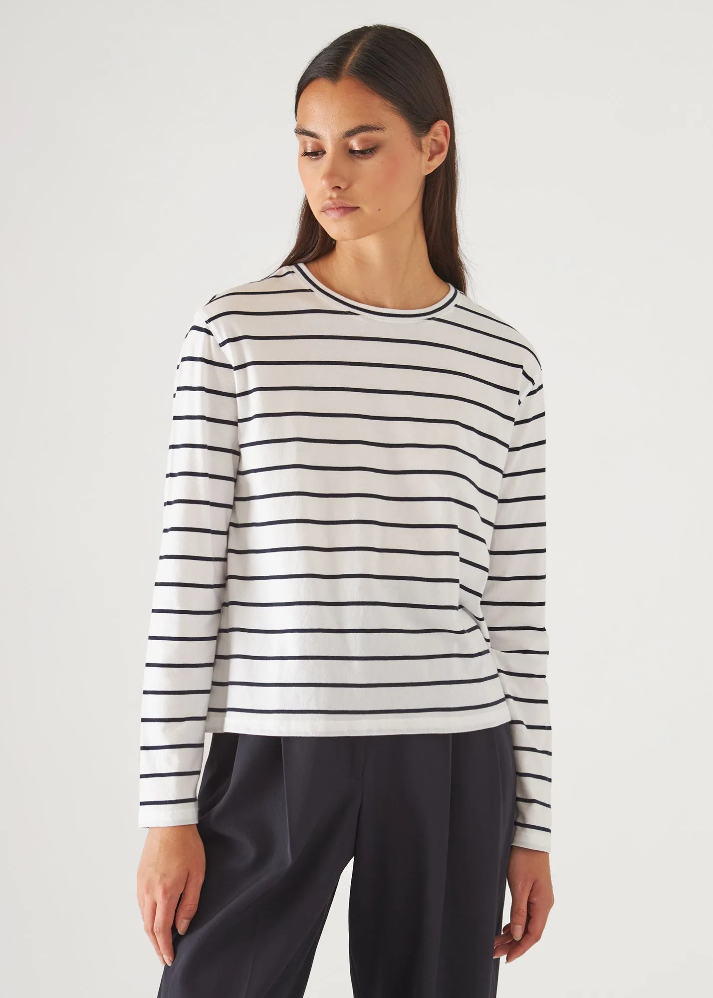 ORGANIC PIMA COTTON STRIPE BOYFRIEND LONG SLEEVE CREW