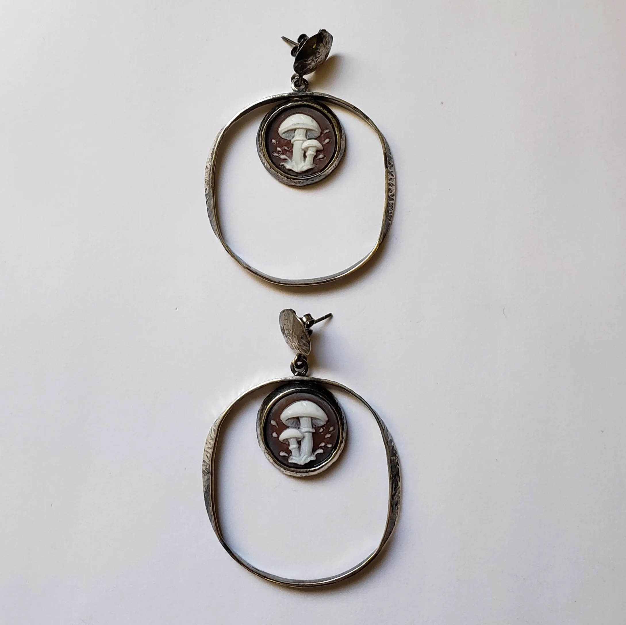 Oxidized Hammered Mushroom Cameo Earrings