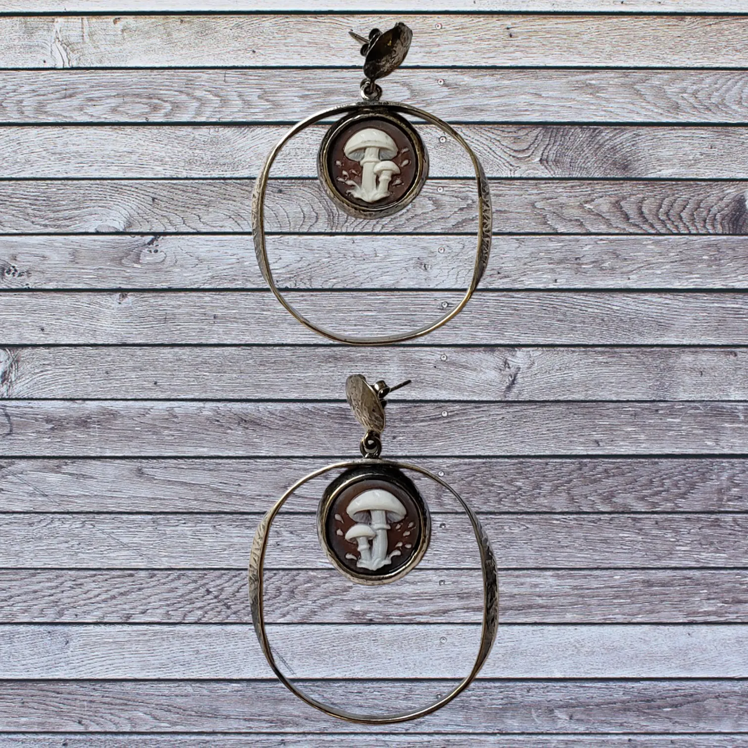 Oxidized Hammered Mushroom Cameo Earrings